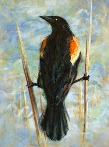 <strong>Thirteen Ways of Looking at a Red-Winged Blackbird 1</strong> <br />86" x 62"<br />Acrylic with oil on canvas
