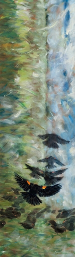 <strong>Thirteen Ways of Looking at a Red-winged Blackbird 11</strong> – 102" x 30" – Acrylic on canvas – $9,200